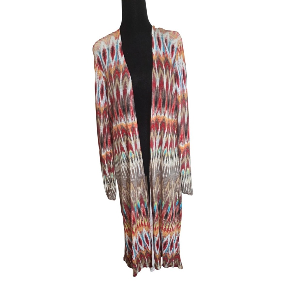 Chico's Ikat Duster Cardigan Size 1 Small Open Front Boho Festival Long Kimono